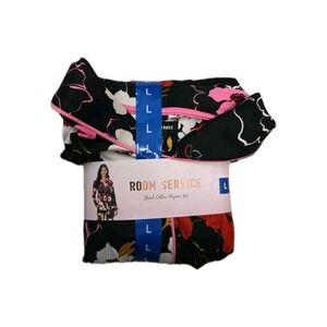 Room Service Women's 2-Piece Shawl Collar Pajama Set, Black Floral, Large